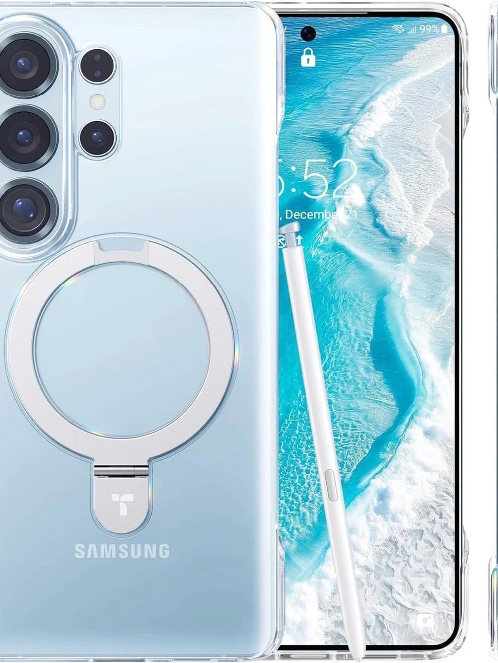 Samsung Light Blue Clear Phone Case with Built-In Ring Stand